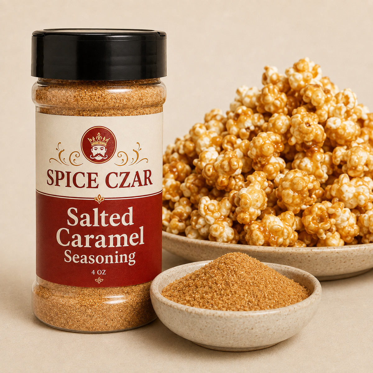Salted Caramel Seasoning 4 oz Spice Czar shaker with visible seasoning and serving suggestion