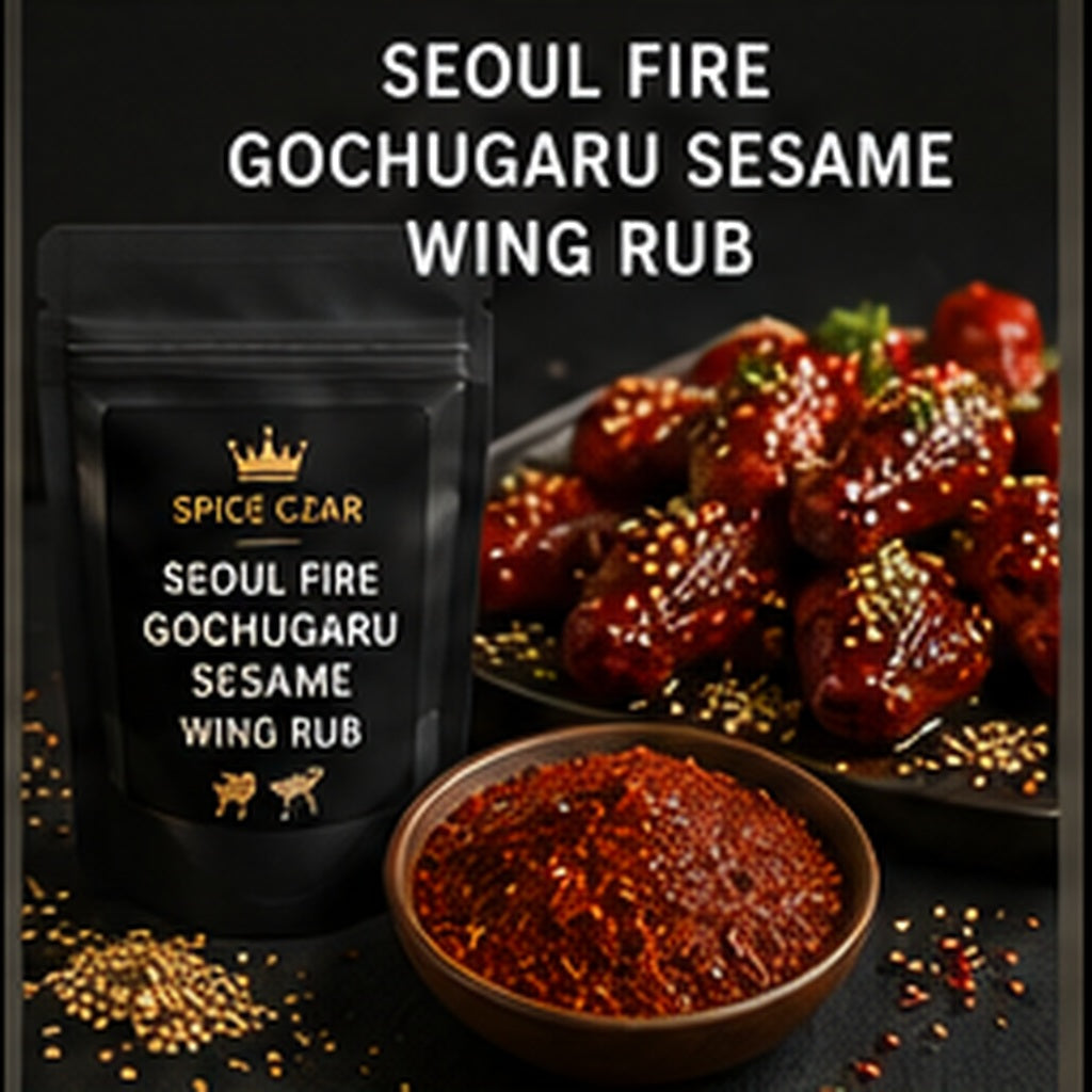 Spice Czar Seoul Fire Gochugaru Sesame Wing Rub with red gochugaru blend, sesame, and Korean-style wings