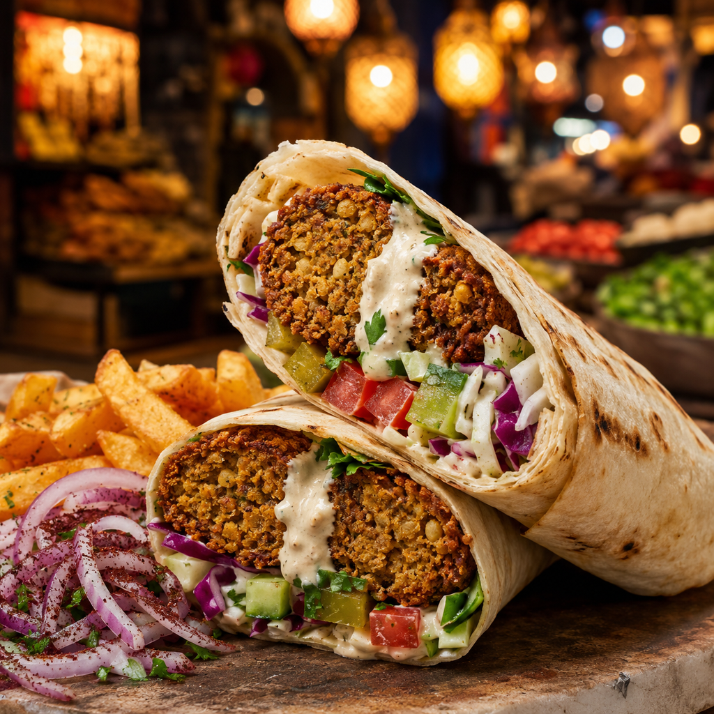 Vegetarian shawarma-spiced falafel wraps with pickles, tomato, cucumber, cabbage, garlic tahini, sumac onions and fries