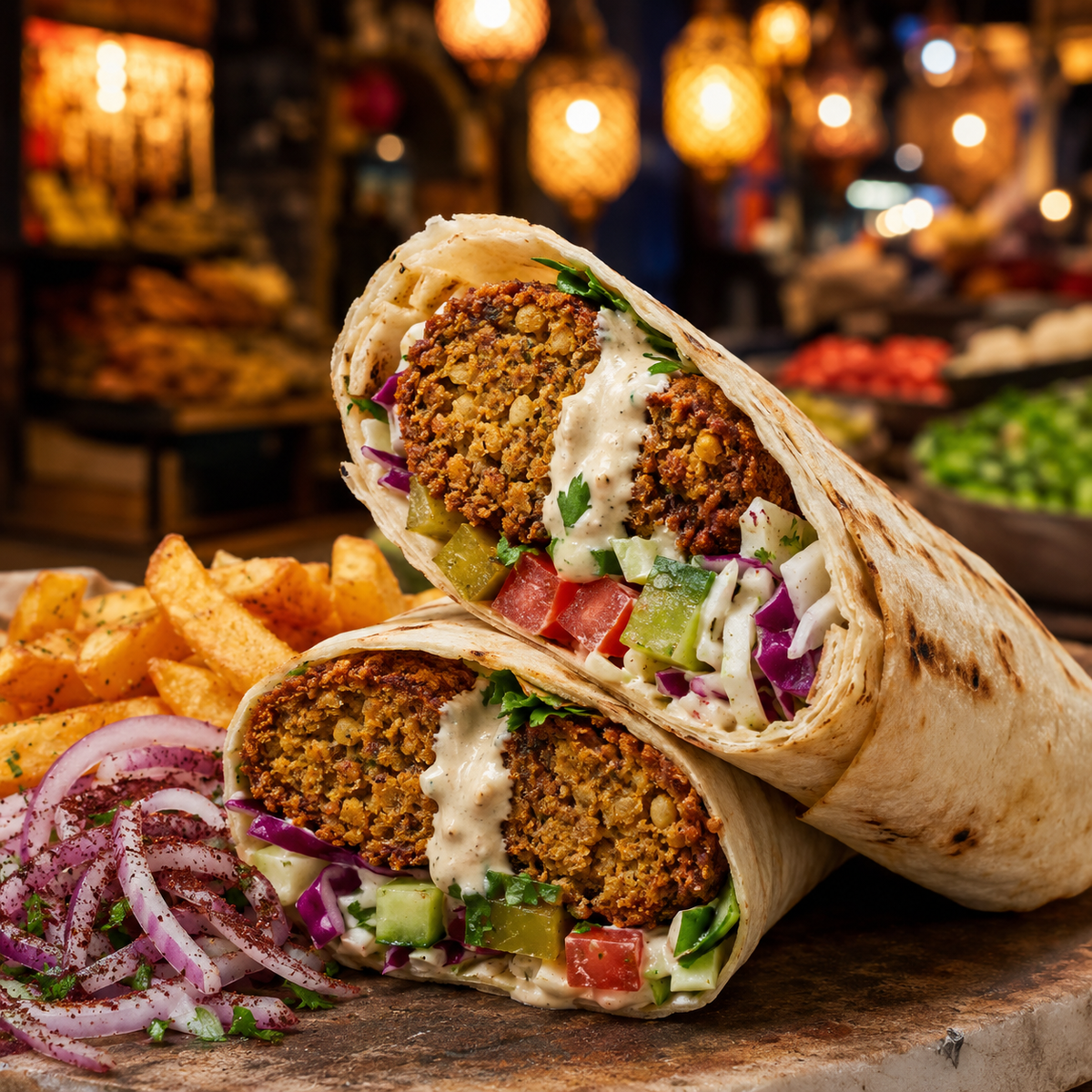 Vegetarian shawarma-spiced falafel wraps with pickles, tomato, cucumber, cabbage, garlic tahini, sumac onions and fries