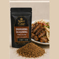 Spice Czar Shawarma Seasoning with warm brown cumin-coriander spice blend beside shawarma-style roasted meat