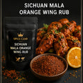 Spice Czar Sichuan Mala Orange Wing Rub with deep red chile-spice blend, orange, and seasoned wings