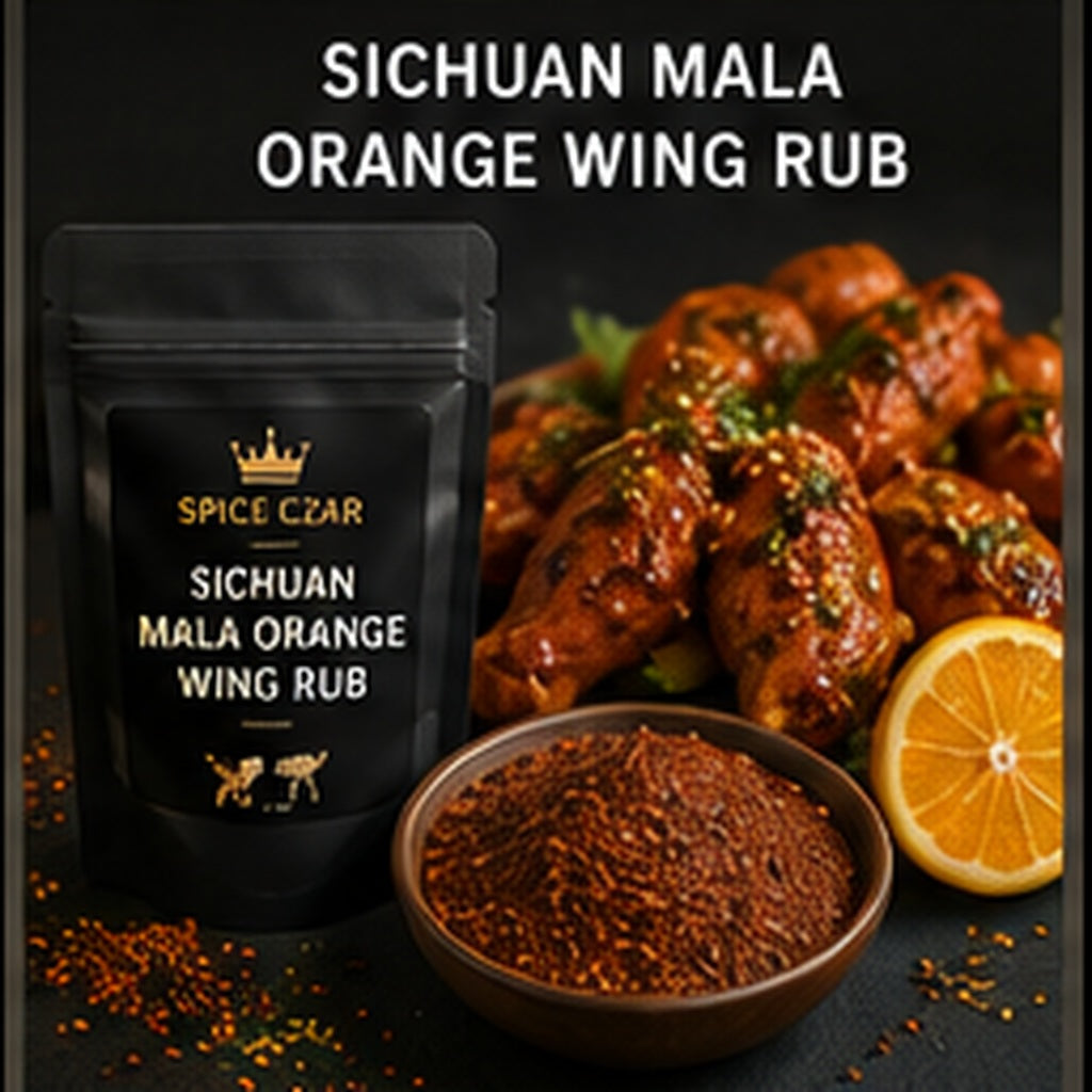 Spice Czar Sichuan Mala Orange Wing Rub with deep red chile-spice blend, orange, and seasoned wings