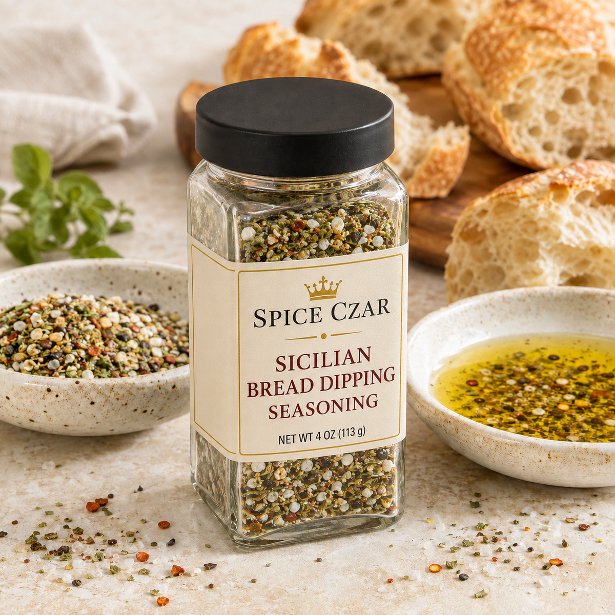 Spice Czar Sicilian Bread Dipping Seasoning in a labeled 4-ounce clear shaker showing the garlic-herb blend