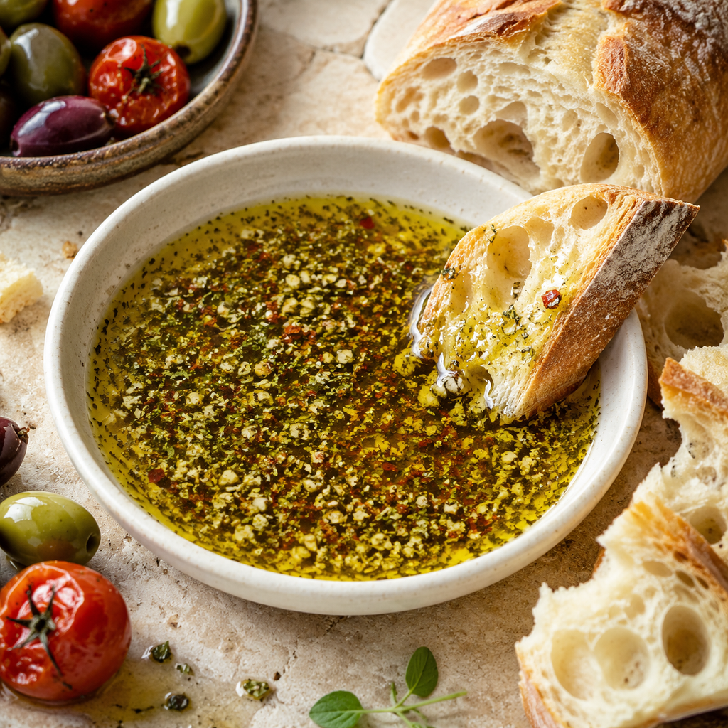 Crusty Italian bread dipped in Sicilian-style seasoned olive oil with garlic, herbs, chile, olives and roasted tomatoes