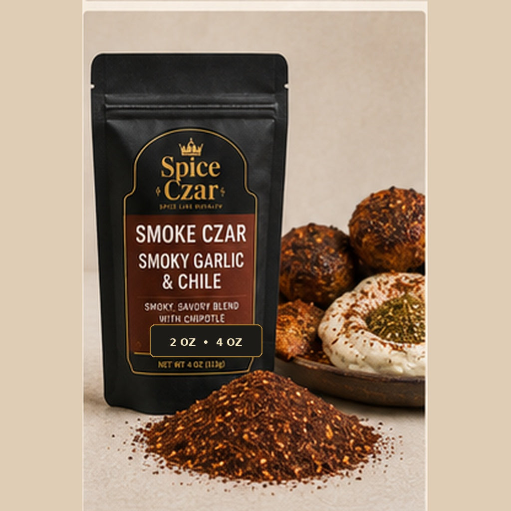 Spice Czar Smoke Czar Smoky Garlic & Chile seasoning with dark red smoky-garlic blend and falafel serving visual