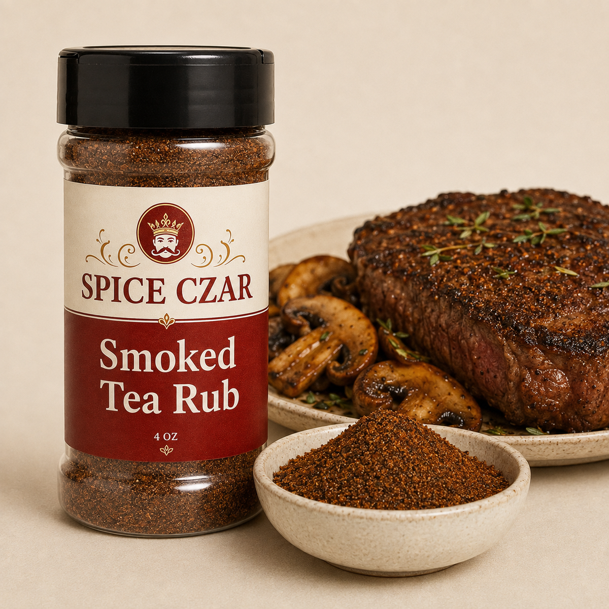 Smoked Tea Rub 4 oz Spice Czar shaker with visible seasoning and serving suggestion