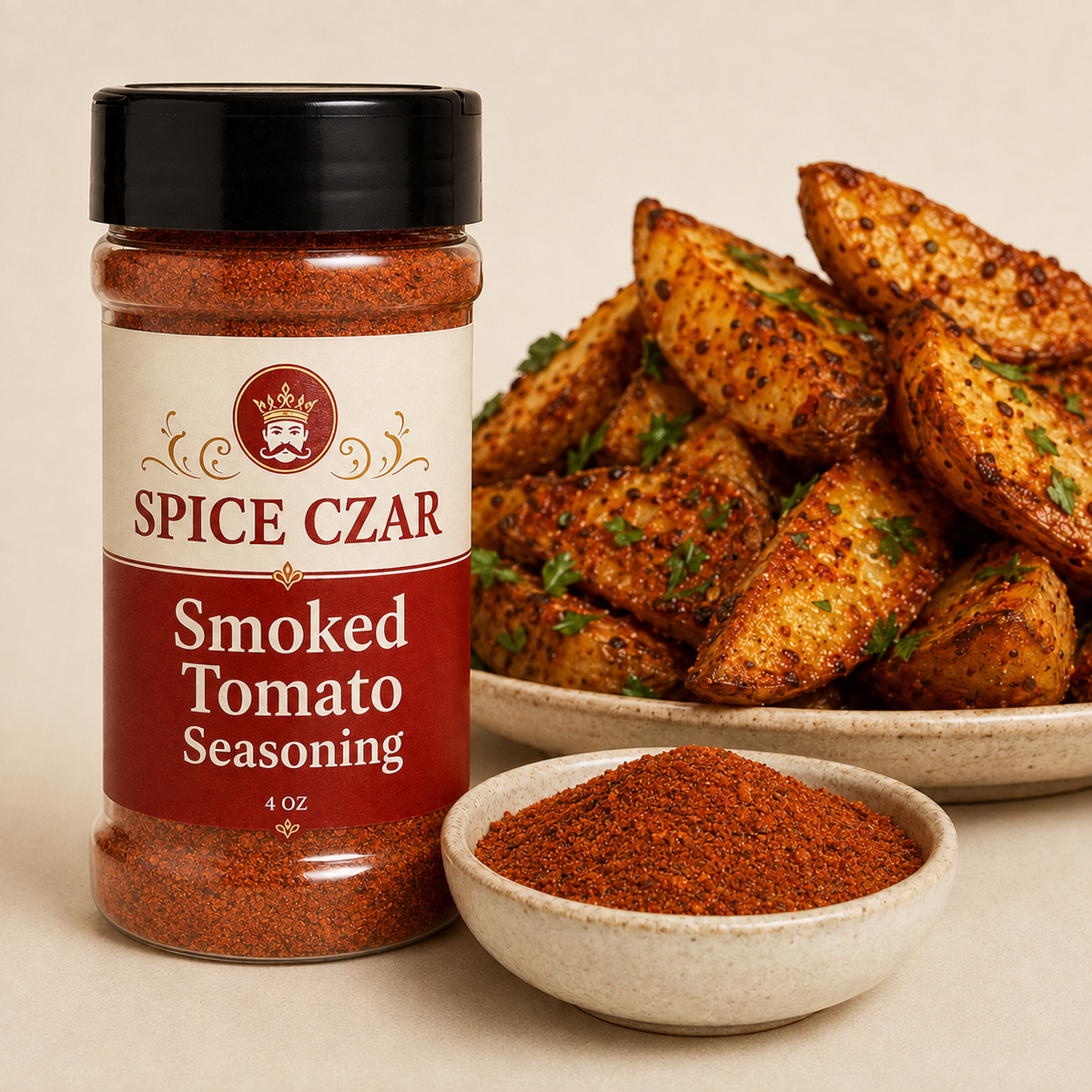Smoked Tomato Seasoning 4 oz Spice Czar shaker with visible seasoning and serving suggestion
