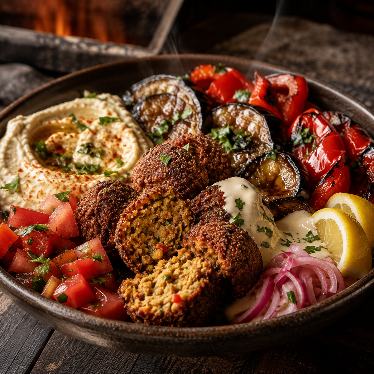 Smoky falafel bowl with roasted red pepper, charred eggplant, hummus, tomato, lemon tahini and pickled onion