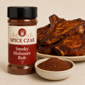 Smoky Molasses Rub 4 oz Spice Czar shaker with visible seasoning and serving suggestion