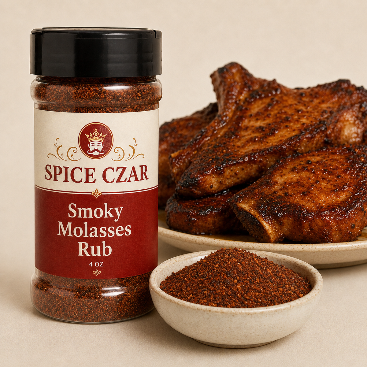 Smoky Molasses Rub 4 oz Spice Czar shaker with visible seasoning and serving suggestion