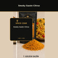 Spice Czar Smoky Sazón Citrus with golden-orange smoky citrus seasoning and seasoned rice serving visual