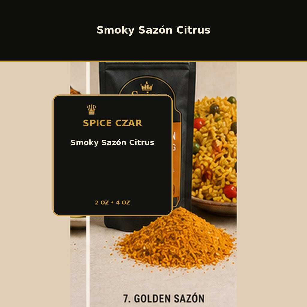 Spice Czar Smoky Sazón Citrus with golden-orange smoky citrus seasoning and seasoned rice serving visual