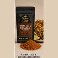 Spice Czar Smoky Taco & Quesadilla Seasoning with red-brown chile-cumin blend beside taco and quesadilla-style food