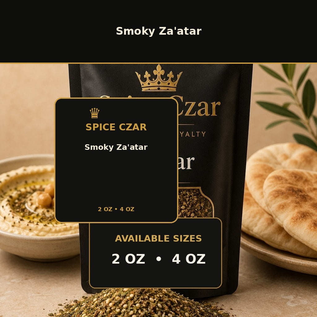 Spice Czar Smoky Za'atar with green herb, sesame, sumac, and smoky seasoning texture beside pita