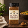 Spice Czar Soup & Dal Garam Masala 4 oz shaker with the ground blend and a serving suggestion