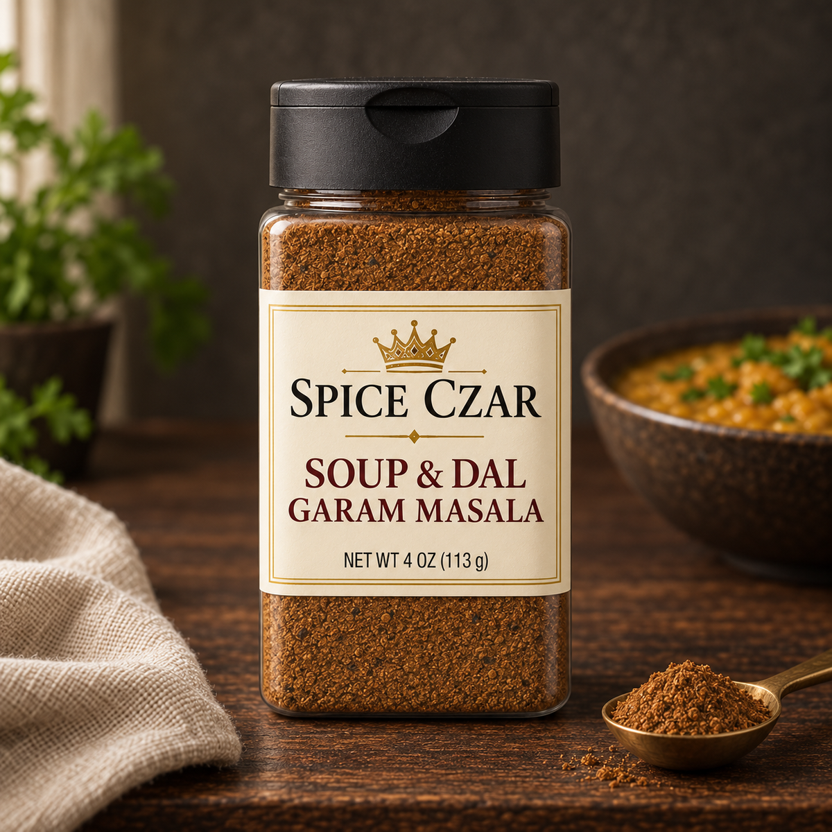 Spice Czar Soup & Dal Garam Masala 4 oz shaker with the ground blend and a serving suggestion