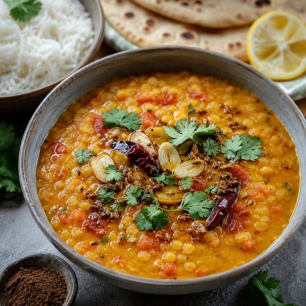 Red lentil dal with cumin, garlic and dried-chile tempering, cilantro, basmati rice, roti and lemon