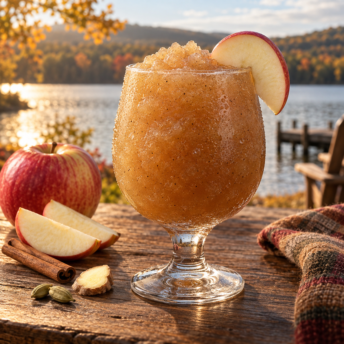 Serving suggestion: Spiced Chai Apple Cider slushy with complementary fruit and autumn lake scenery.