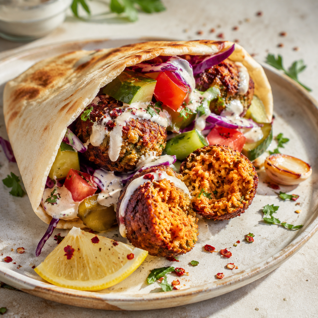 Spicy garlic falafel pita with cabbage, tomato, cucumber, pickles, parsley, garlic tahini, roasted garlic and chile