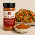 Spicy Thai Seasoning 4 oz Spice Czar shaker with visible seasoning and serving suggestion