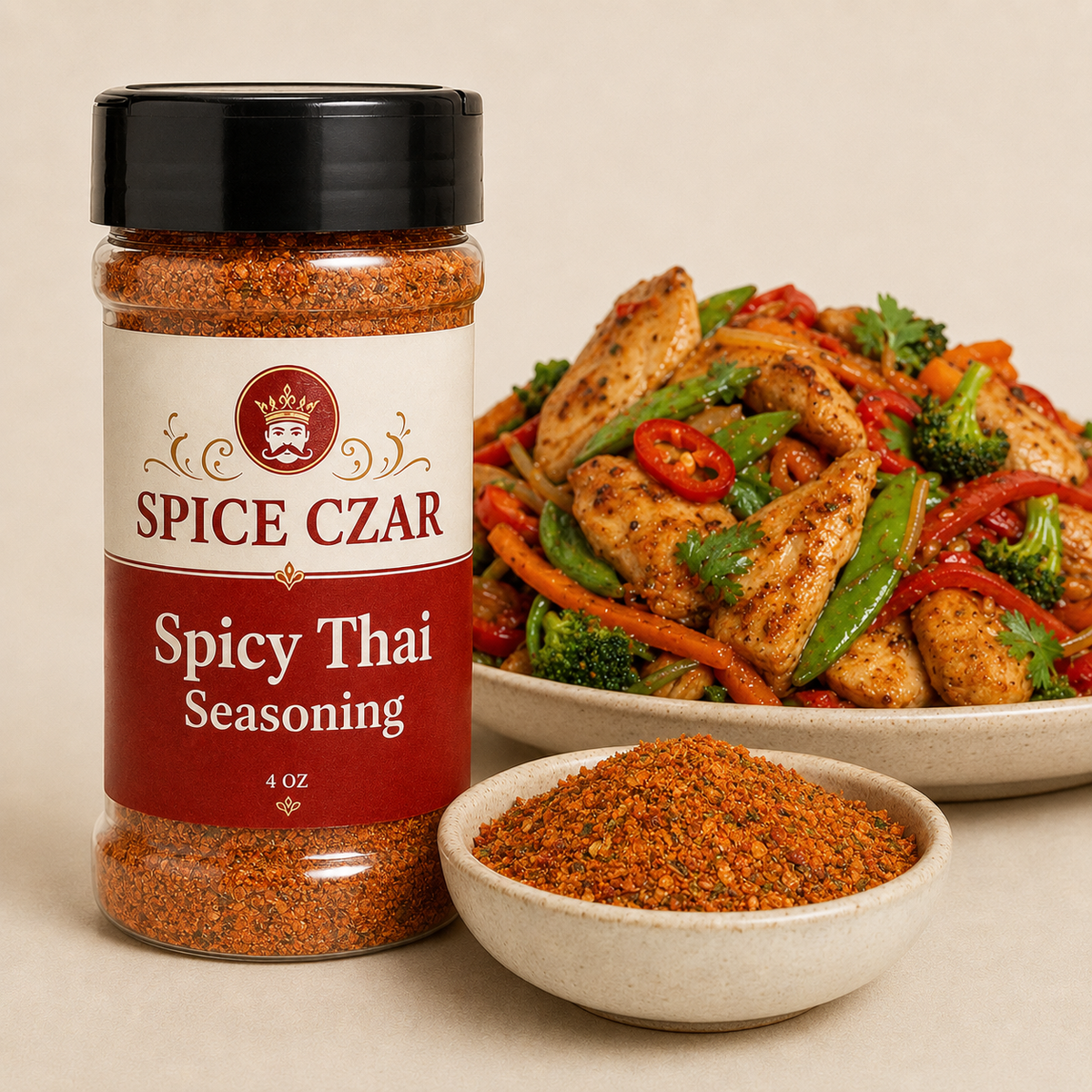 Spicy Thai Seasoning 4 oz Spice Czar shaker with visible seasoning and serving suggestion