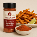Sriracha Powder Seasoning 4 oz Spice Czar shaker with visible seasoning and serving suggestion