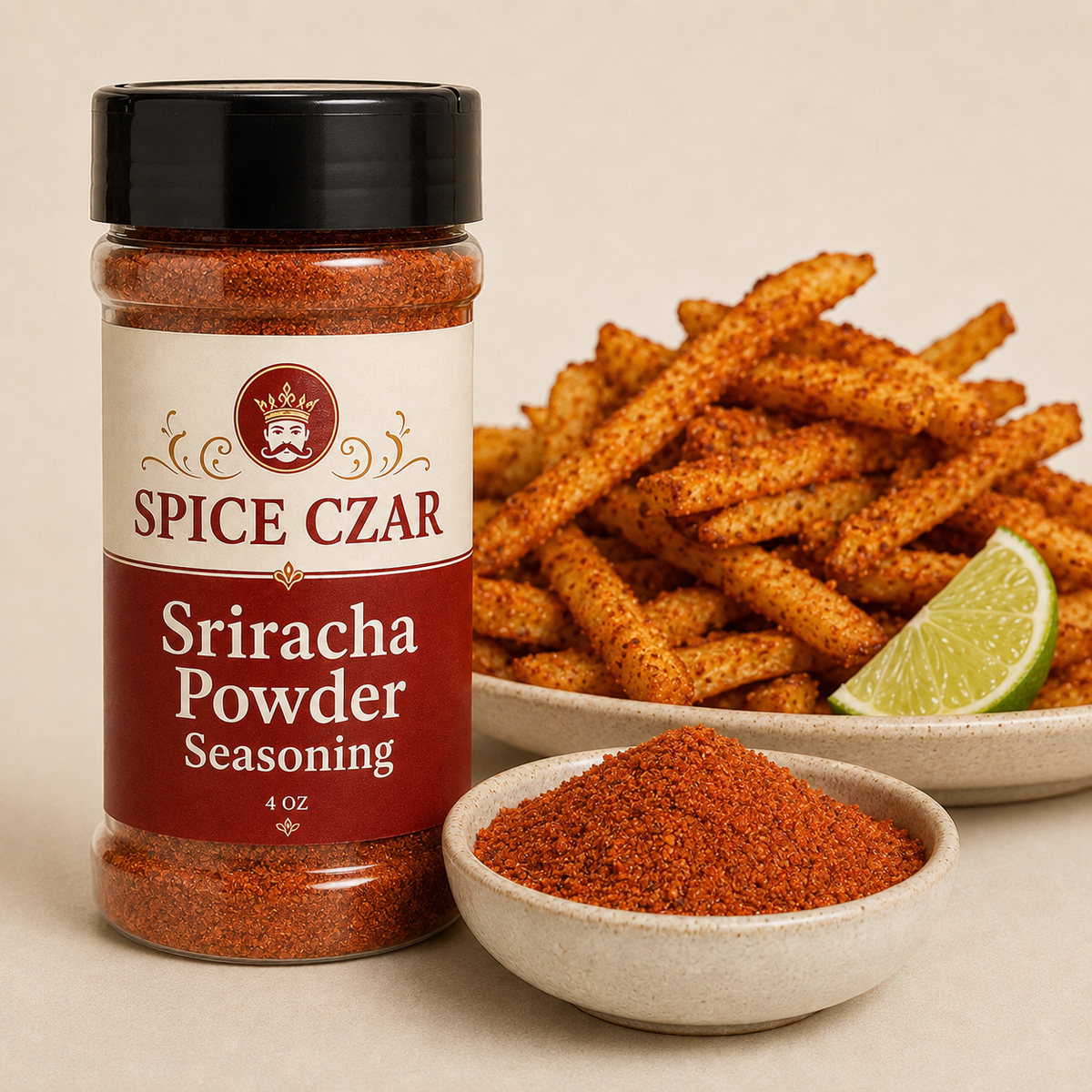 Sriracha Powder Seasoning 4 oz Spice Czar shaker with visible seasoning and serving suggestion