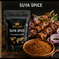 Spice Czar Suya Spice with reddish peanut-chile seasoning and grilled skewers