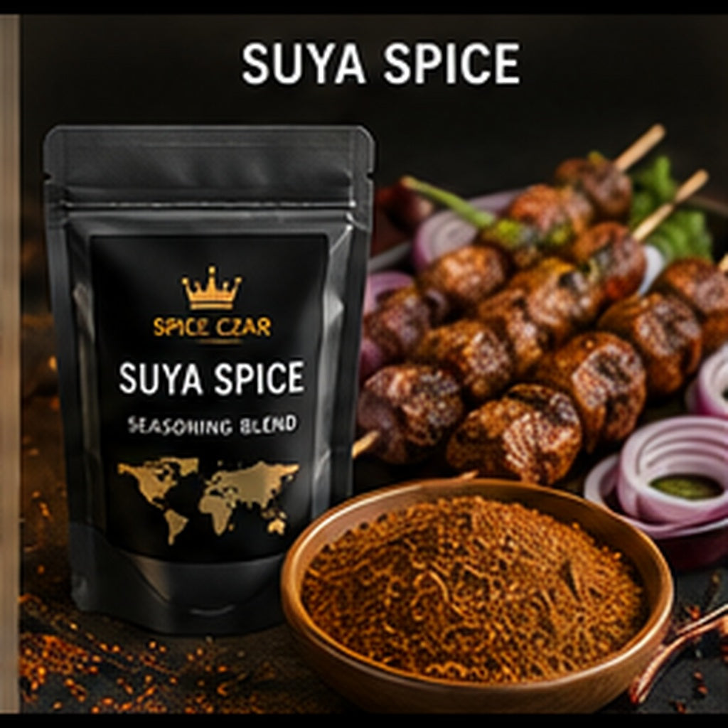 Spice Czar Suya Spice with reddish peanut-chile seasoning and grilled skewers