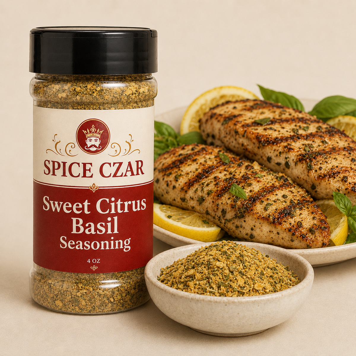 Sweet Citrus Basil Seasoning 4 oz Spice Czar shaker with visible seasoning and serving suggestion