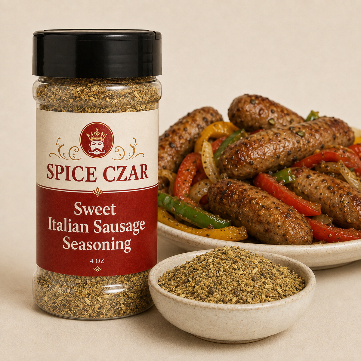 Sweet Italian Sausage Seasoning 4 oz Spice Czar shaker with visible seasoning and serving suggestion