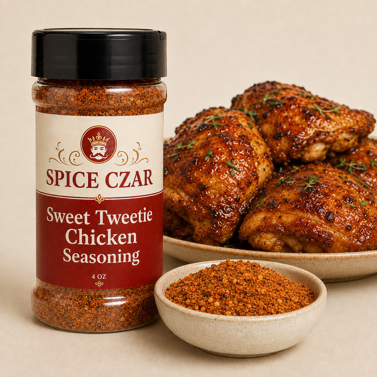 Sweet Tweetie Chicken Seasoning 4 oz Spice Czar shaker with visible seasoning and serving suggestion