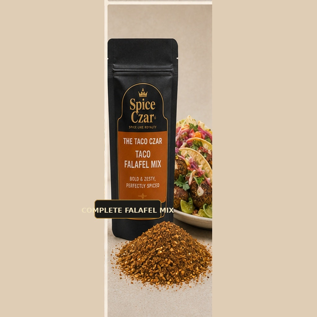 Spice Czar The Taco Czar Taco Falafel Mix with warm taco-spiced dry mix and finished falafel