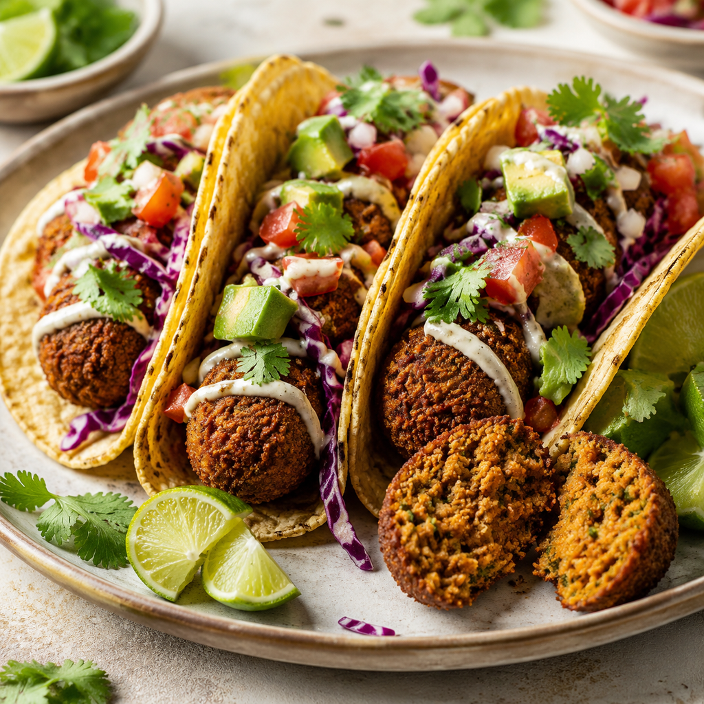 Vegetarian taco-spiced falafel tacos with cabbage, pico de gallo, avocado, cilantro, lime and crema