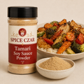 Tamari Soy Sauce Powder 4 oz shaker with visible seasoning and roasted vegetable serving suggestion
