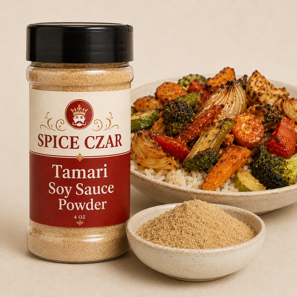 Tamari Soy Sauce Powder 4 oz shaker with visible seasoning and roasted vegetable serving suggestion
