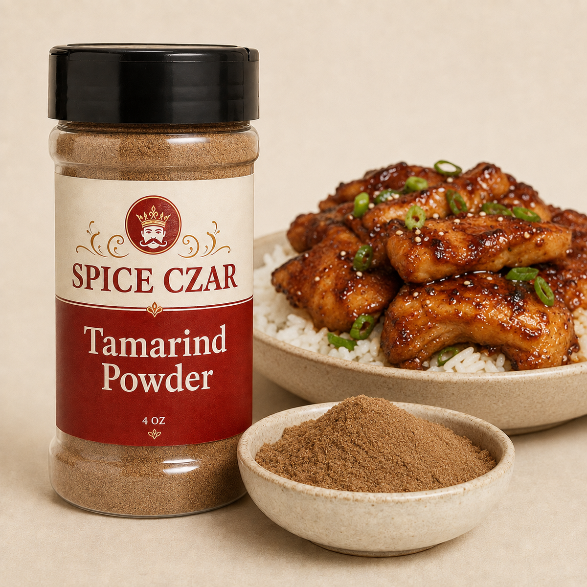 Tamarind Powder 4 oz shaker with visible tamarind powder and glazed chicken serving suggestion