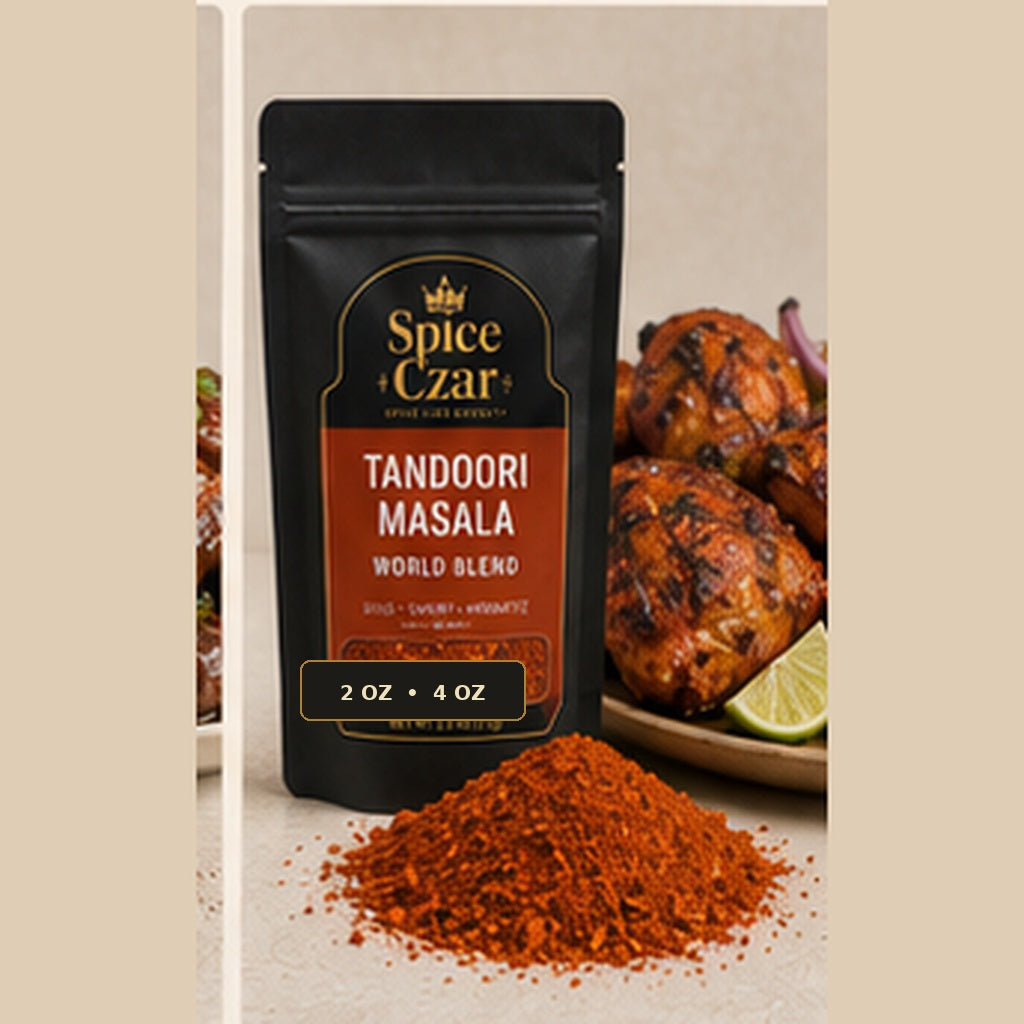 Spice Czar Tandoori Masala with vivid red-orange aromatic spice blend beside grilled tandoori-style chicken