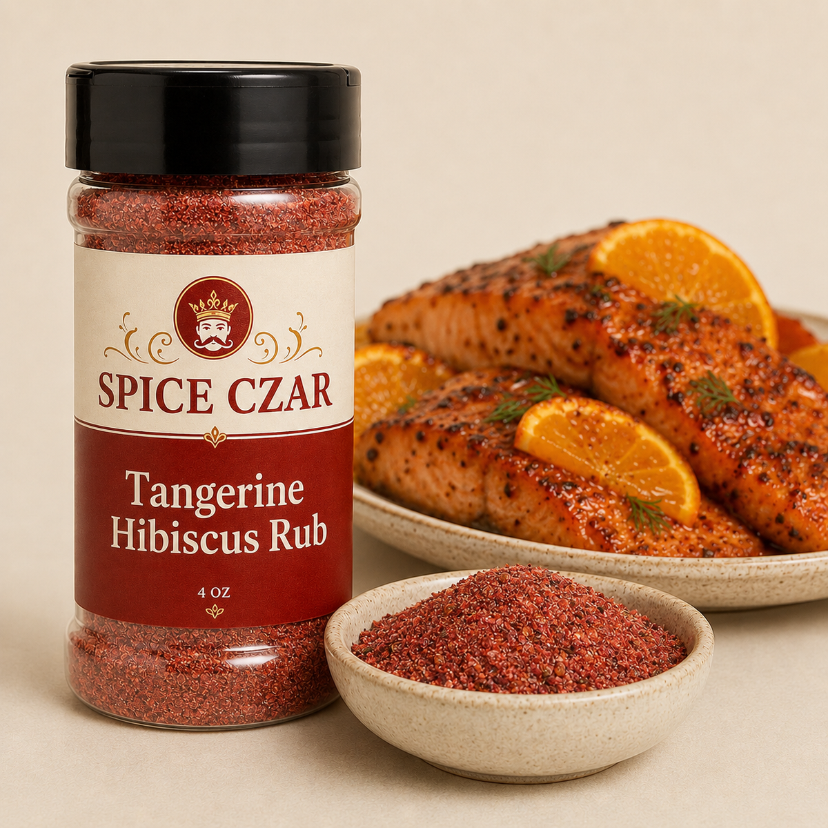 Tangerine Hibiscus Rub 4 oz Spice Czar shaker with visible seasoning and serving suggestion
