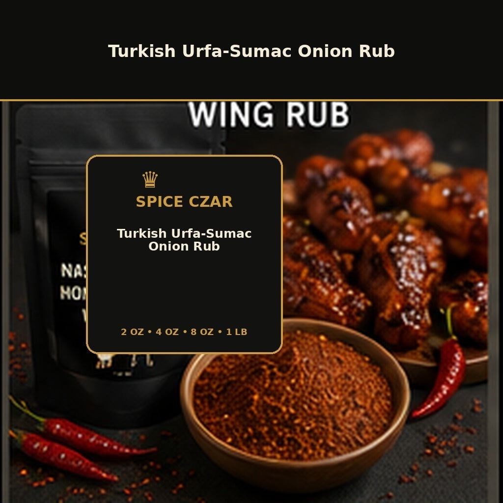 Spice Czar Turkish Urfa-Sumac Onion Rub with deep red Urfa, sumac, and onion seasoning and grilled meat visual