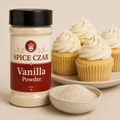 Vanilla Powder 4 oz shaker with visible vanilla powder and cupcake serving suggestion