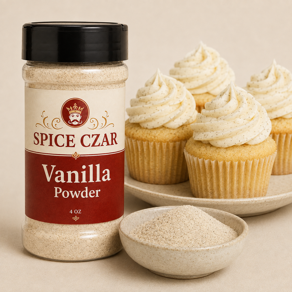Vanilla Powder 4 oz shaker with visible vanilla powder and cupcake serving suggestion