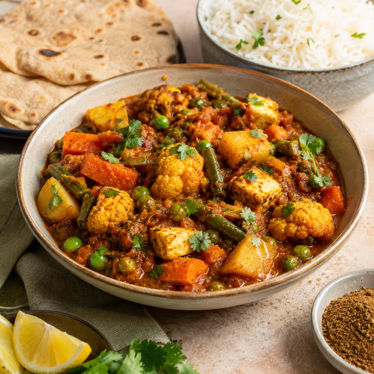 Mixed vegetable garam masala curry with cauliflower, peas, carrots, green beans, potato and paneer