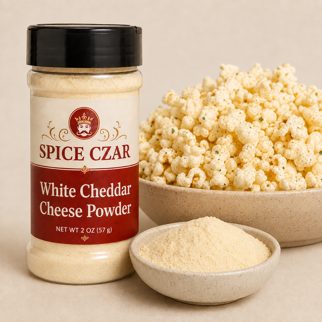 Product visualization: White Cheddar Cheese Powder in a round 2 oz Spice Czar shaker, included in the Cheese Powder Trio. Prepared food shown as a serving suggestion.