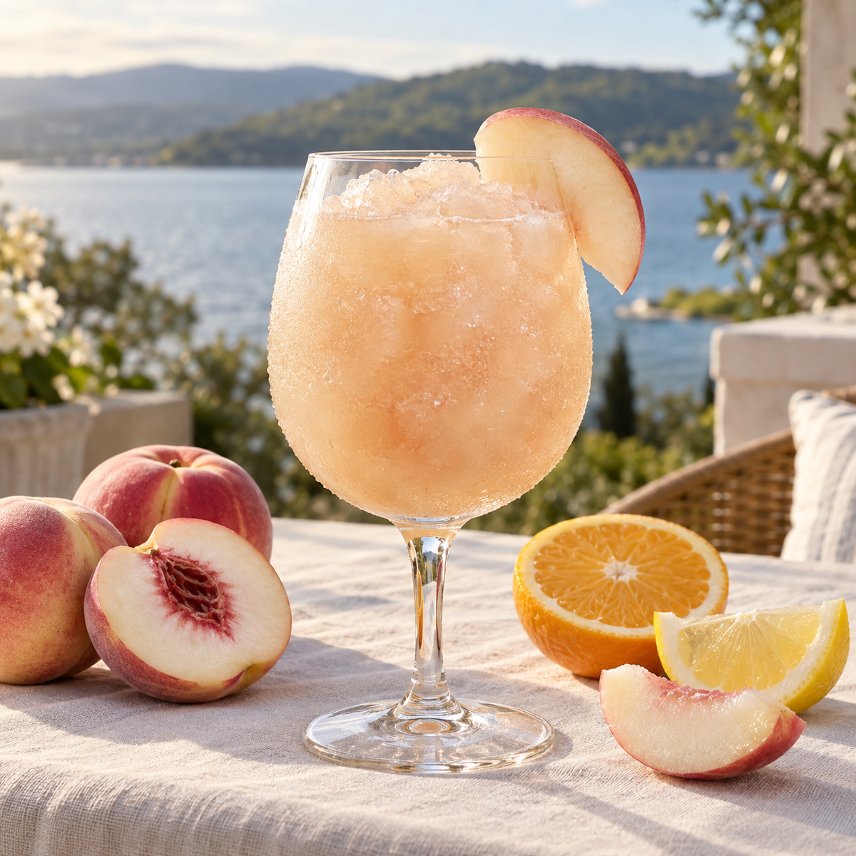 Serving suggestion: Peach Citrus Sangria slushy with complementary fruit and a lake or moored-boat setting.