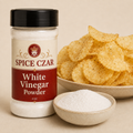 White Vinegar Powder 4 oz shaker with visible powder and seasoned potato chip serving suggestion