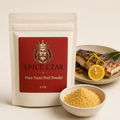Pure Yuzu Peel Powder 2 oz pouch with visible yuzu powder and grilled fish serving suggestion