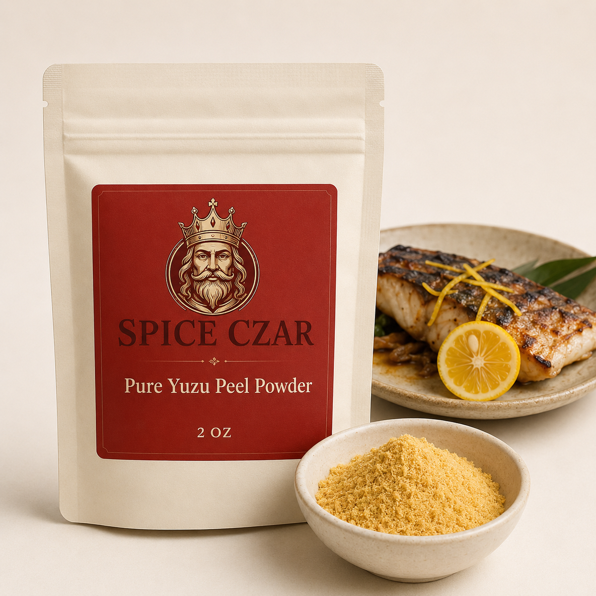 Pure Yuzu Peel Powder 2 oz pouch with visible yuzu powder and grilled fish serving suggestion