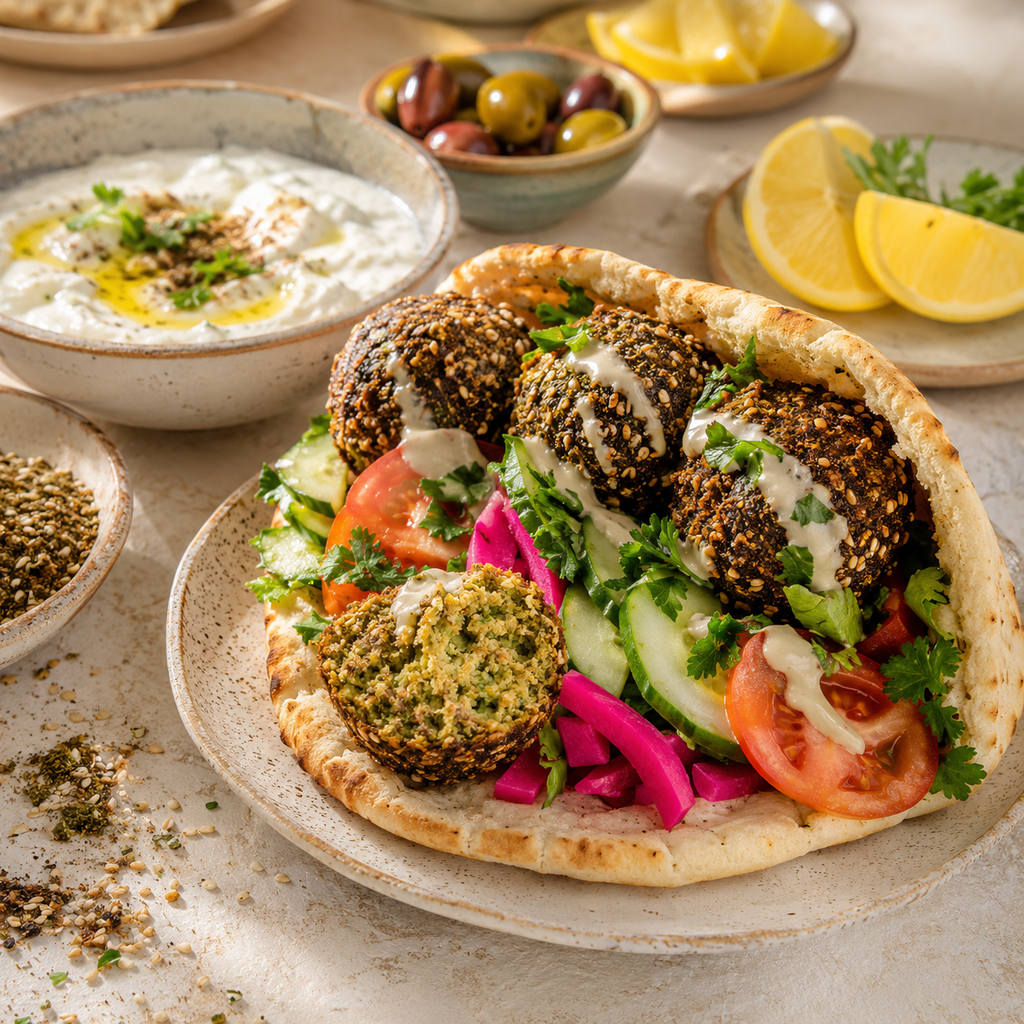 Za'atar falafel pita with sesame-herb crust, tomato, cucumber, parsley, pickled turnip, tahini, labneh and olives
